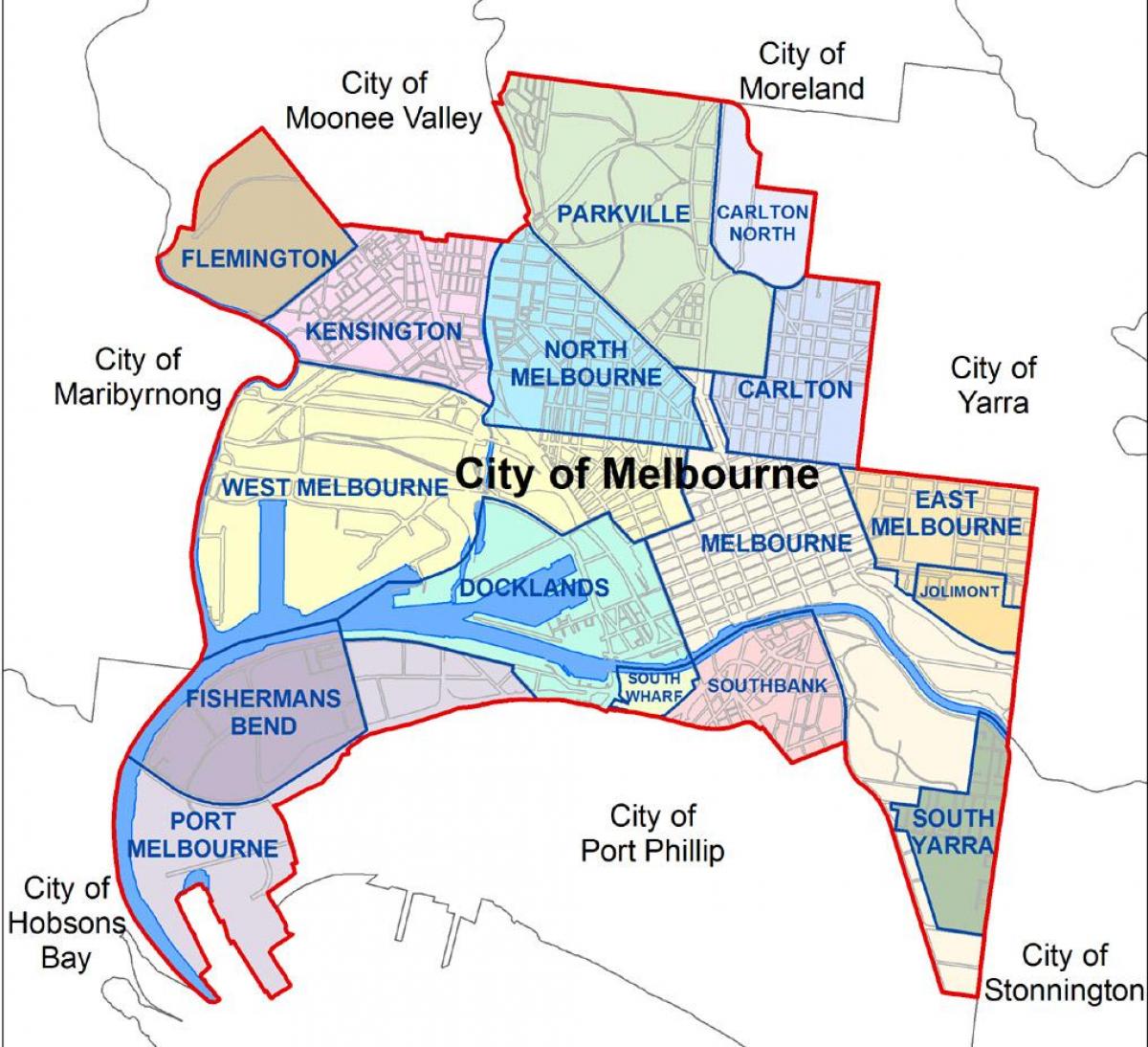 harta Melbourne și suburbiile înconjurătoare